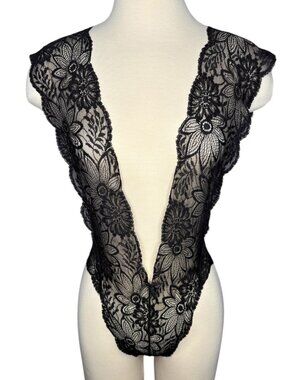 Bon Oui Black Sheer Floral Lace Deep V-Neck Teddy Bodysuit Lingerie Size 12 / L
